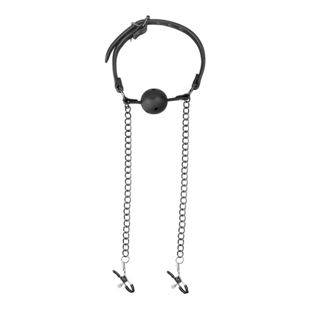 Burnos kaištis su spenelių spaustukais „Open Ball Gag and Nipple Clamps“