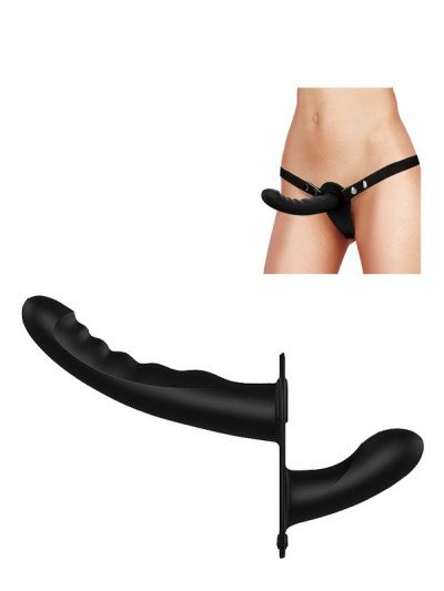 Vibruojantis strap-on dildo „Dual Vibrating Silicone Ribbed Strap-on“
